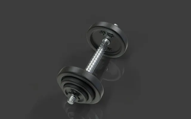 A single adjustable dumbbell with stacked plates and a threaded handle, shot against a plain grey background