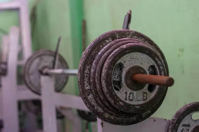 A loaded plate dumbbell with rust blooming through the paint on the plates and along the bar
