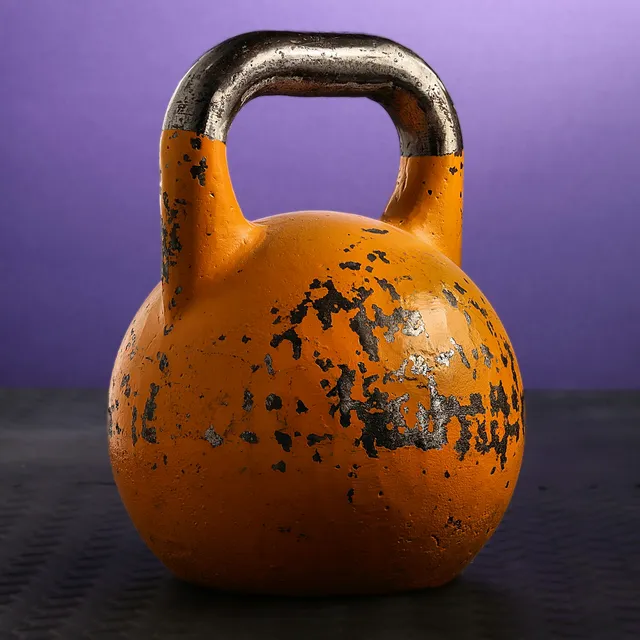 A single orange kettlebell with worn paint, photographed against a plain background